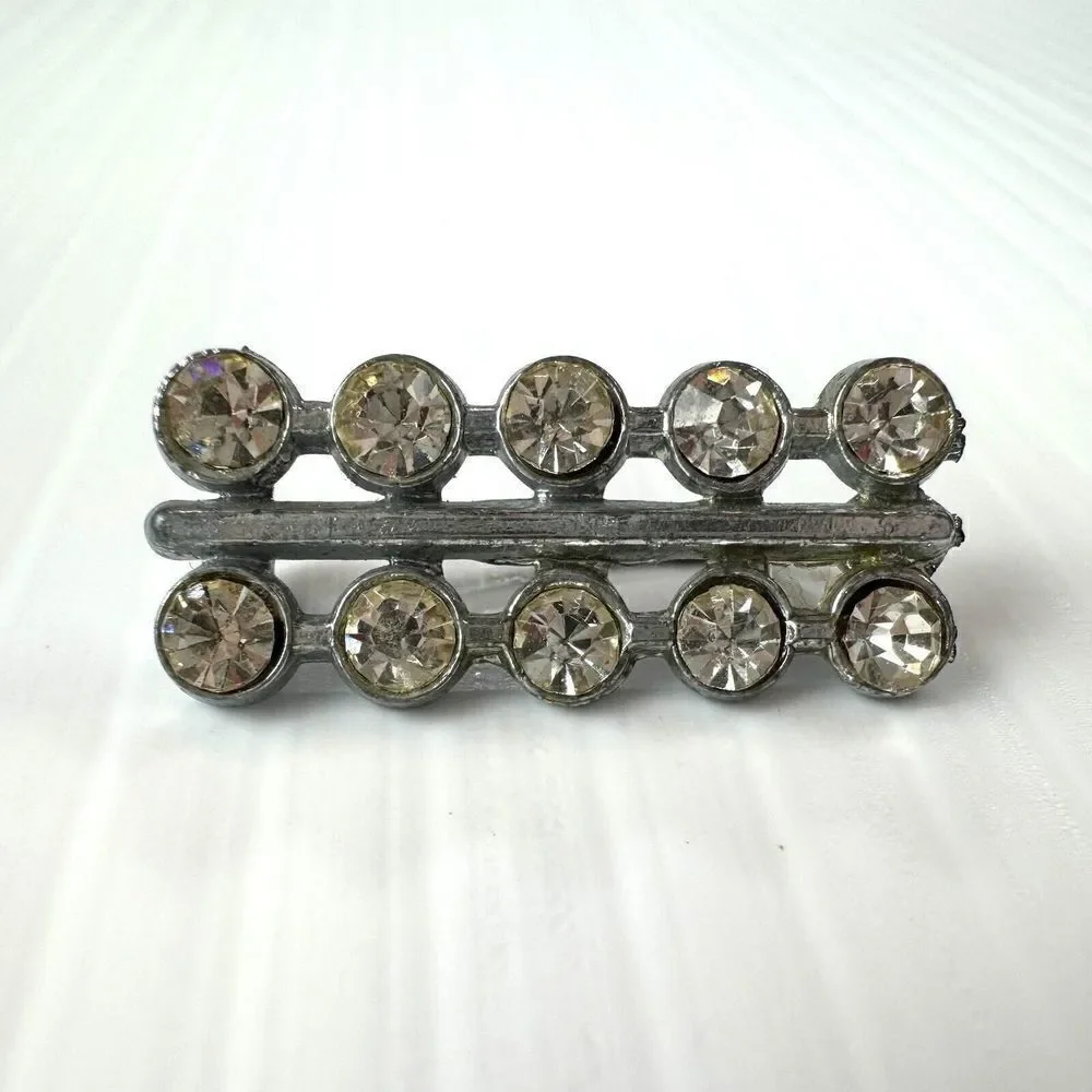 Vintage Small Brooch Bar Set Silver Tone Clear Rhinestones Double Row Costume